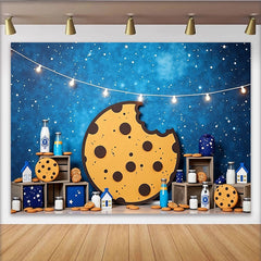 Lofaris Blauer Sternenhimmel Keks-und-Milch-Fotohintergrund mit Lichterkette, süße Partydekoration für Kinderfotoshooting