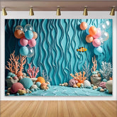 Lofaris Blauer Unterwasser-Geburtstagshintergrund mit Ballons und Clownfisch, pastellfarbene Muscheln und Korallen Fotowand für Kinderparty