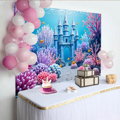 Lofaris Farbenfroher Unterwasserwelthintergrund mit blauem Schloss und Korallen, lebendige Kulisse für Kinderfotos und Studioaufnahmen