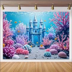 Lofaris Farbenfroher Unterwasserwelthintergrund mit blauem Schloss und Korallen, lebendige Kulisse für Kinderfotos und Studioaufnahmen