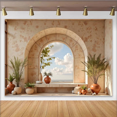 Lofaris Rustikaler Bogenfenster Architektur Fotohintergrund mit Pflanzen, natürliche Kulisse für Porträts und professionelle Fotografie