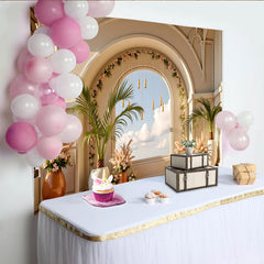 Lofaris Eleganter Architektur Fotohintergrund mit Bogenfenster und Palmen, helle Kulisse für professionelle Fotoshootings