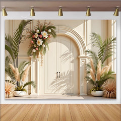 Lofaris Eleganter Blumen-Bogentür-Hintergrund mit Palmen und Pampasgras, natürliche Fotokulisse für Hochzeiten, Events und Porträts