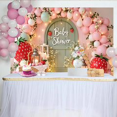 Lofaris Rosa Erdbeerblumen Babypartyhintergrund mit Luftballons und Lichterketten, charmante Fotowand für süße Babyparty-Dekoration