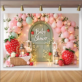 Lofaris Rosa Erdbeerblumen Babypartyhintergrund mit Luftballons und Lichterketten, charmante Fotowand für süße Babyparty-Dekoration
