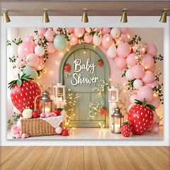 Lofaris Rosa Erdbeerblumen Babypartyhintergrund mit Luftballons und Lichterketten, charmante Fotowand für süße Babyparty-Dekoration