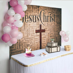 Lofaris Vintage Christlicher Fotohintergrund mit Holzkreuz und Namen Jesu, spirituelle Wortwolken Kulisse für Kirchenfotografie