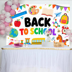 Lofaris Bunter Schulanfangshintergrund mit Eule, Schulbus und Zug für Kinder, fröhliche Dekoration für Einschulungsfeier und Fotostudio