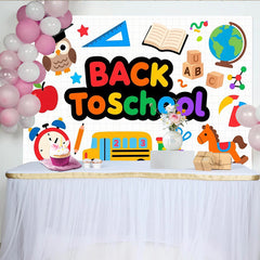 Lofaris Bunter Einschulungshintergrund mit Schulbus Eule ABC Blöcken, fröhliche Fotowand für Schulanfangsparty Dekoration