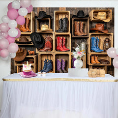 Lofaris Rustikaler Western-Fotohintergrund mit Cowboystiefeln und Hüten, Vintage Country Kulisse für professionelle Fotoshootings