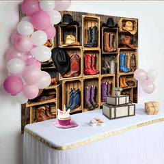 Lofaris Rustikaler Western-Fotohintergrund mit Cowboystiefeln und Hüten, Vintage Country Kulisse für professionelle Fotoshootings