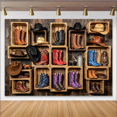 Lofaris Rustikaler Western-Fotohintergrund mit Cowboystiefeln und Hüten, Vintage Country Kulisse für professionelle Fotoshootings