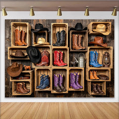 Lofaris Rustikaler Western-Fotohintergrund mit Cowboystiefeln und Hüten, Vintage Country Kulisse für professionelle Fotoshootings