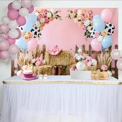Lofaris Rosa Blau Cowgirl Babyparty Hintergrund mit Heuballen und Zaun, wunderschöne Fotowand für Mädchen Party Dekoration