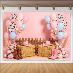 Lofaris Rosa Blau Kuhdruck Babyparty Hintergrund im Western-Stil, stilvolle Fotowand für Babyparty-Dekoration und Fotoshooting