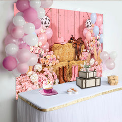 Lofaris Rosa Cowgirl-Geburtstagshintergrund mit Heuballen und Blumen, rustikale Holzwand-Kulisse für Mädchen-Party und Fotoshooting