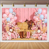 Lofaris Rosa Cowgirl-Geburtstagshintergrund mit Heuballen und Blumen, rustikale Holzwand-Kulisse für Mädchen-Party und Fotoshooting