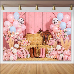 Lofaris Rosa Cowgirl-Geburtstagshintergrund mit Heuballen und Blumen, rustikale Holzwand-Kulisse für Mädchen-Party und Fotoshooting