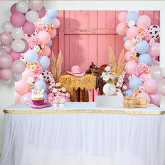 Lofaris Rosa Blau Kuhflecken Western Babyparty Hintergrund mit Ballons und Blumen, rustikale Fotowand für Gender Reveal und Fotoshooting
