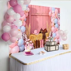 Lofaris Rosa Blau Kuhflecken Western Babyparty Hintergrund mit Ballons und Blumen, rustikale Fotowand für Gender Reveal und Fotoshooting