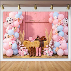 Lofaris Rosa Blau Kuhflecken Western Babyparty Hintergrund mit Ballons und Blumen, rustikale Fotowand für Gender Reveal und Fotoshooting