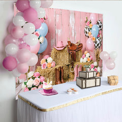 Lofaris Rosa Blau Cowgirl Babyparty Hintergrund mit Kuhflecken Ballons, Western Fotohintergrund für Babyparty Dekoration