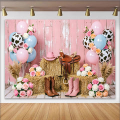 Lofaris Rosa Blau Cowgirl Babyparty Hintergrund mit Kuhflecken Ballons, Western Fotohintergrund für Babyparty Dekoration