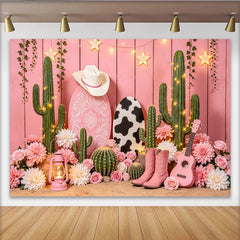 Lofaris Rosa Western Fotohintergrund mit Kakteen und Cowboyhut, rustikale Kulisse für Mädchen Fotoshooting und Partydekoration