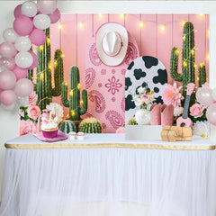 Lofaris Rosa Cowgirl-Geburtstagshintergrund mit Kakteen und Cowboyhut, rustikale Fotowand für Mädchenparty und Fotoshooting