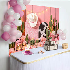 Lofaris Rosa Western Kaktus Hintergrund mit Cowboyhut und Stiefeln, rustikale Kulisse für Fotoshooting und Partydekoration