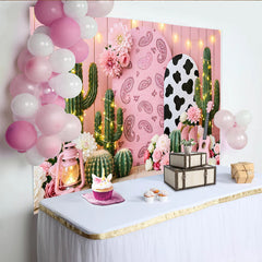 Lofaris Rosa Cowgirl-Western-Hintergrund mit Kakteen und Cowboy-Stiefeln, Boho-Fotowand für Mädchenparty und Fotoshooting