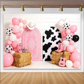 Lofaris Rosa Cowgirl Geburtstagshintergrund mit Kuhflecken und Luftballons, elegante Western-Kulisse für Mädchen Partydekoration