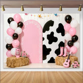 Lofaris Rosa Kuhmuster Cowgirl Geburtstagshintergrund für Mädchen Party, rustikale Partydekoration mit Luftballons und Stiefeln