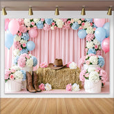 Lofaris Rosa blauer Western Babyparty Hintergrund mit Blumen Luftballons Cowboyhut und Stiefeln, süße Geschlechtsenthüllung Fotokulisse
