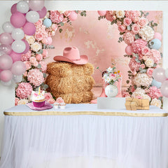 Lofaris Rosa Western Blumen Fotohintergrund mit Cowboyhut und Stiefeln, rustikale Kulisse für Mädchen Party und Fotoshooting