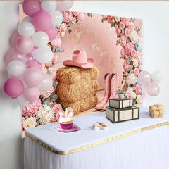Lofaris Rosa Western Blumen Fotohintergrund mit Cowboyhut und Stiefeln, rustikale Kulisse für Mädchen Party und Fotoshooting
