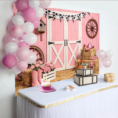 Lofaris Rosa Western Scheunenwand Hintergrund mit Heuballen und Cowboyhut, rustikale Fotowand für Fotoshooting und Landhaus-Dekoration