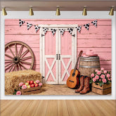 Lofaris Rosa Western Fotohintergrund mit Kuhflecken und Cowboyhut, rustikale Scheunentür Kulisse für Fotoshooting und Eventdekoration