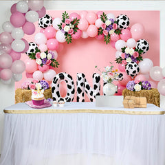 Lofaris Rosa Kuhmuster Erster Geburtstag Hintergrund für Mädchen, mit Luftballons und Blumen festliche Fotowand für Fotoshootings