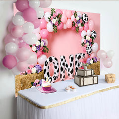 Lofaris Rosa Kuhmuster Erster Geburtstag Hintergrund für Mädchen, mit Luftballons und Blumen festliche Fotowand für Fotoshootings