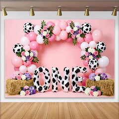 Lofaris Rosa Kuhmuster Erster Geburtstag Hintergrund für Mädchen, mit Luftballons und Blumen festliche Fotowand für Fotoshootings