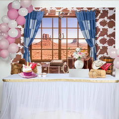 Lofaris Westernhintergrund mit Wüstenlandschaft und Cowboy-Fensterblick, perfekte Kulisse für Fotoshootings und Wild-West-Partys