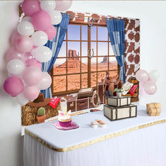 Lofaris Westernhintergrund mit Wüstenlandschaft und Cowboy-Fensterblick, perfekte Kulisse für Fotoshootings und Wild-West-Partys