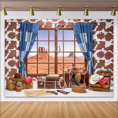 Lofaris Westernhintergrund mit Wüstenlandschaft und Cowboy-Fensterblick, perfekte Kulisse für Fotoshootings und Wild-West-Partys