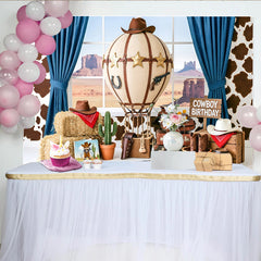 Lofaris Cowboy Geburtstagshintergrund mit Heißluftballon und Sheriffsternen, Western Kulisse für Kinderparty und Fotoshooting