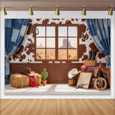 Lofaris Rustikaler Wildwest Fotohintergrund mit Kuhfellmuster und Wüstenlandschaft, Vintage Kulisse für Fotoshootings und Cowboy-Partys