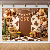 Lofaris Rustikaler Cowboy 1. Geburtstag Hintergrund mit Kuhflecken und Ballons, braune Western-Kulisse für Partydekoration