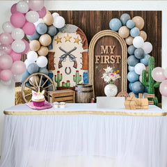 Lofaris Rustikaler Western-1.Geburtstagshintergrund mit Ballons und Kakteen, Holzoptik-Fotowand für Jungen und Mädchen, ideal für Fotoshootings