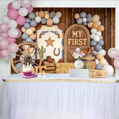 Lofaris Western-Geburtstagshintergrund erster Geburtstag mit Luftballons und Cowboy-Motiven, rustikale Kulisse für Fotoshooting und Party