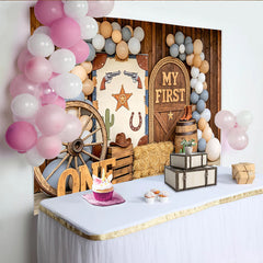 Lofaris Western-Geburtstagshintergrund erster Geburtstag mit Luftballons und Cowboy-Motiven, rustikale Kulisse für Fotoshooting und Party